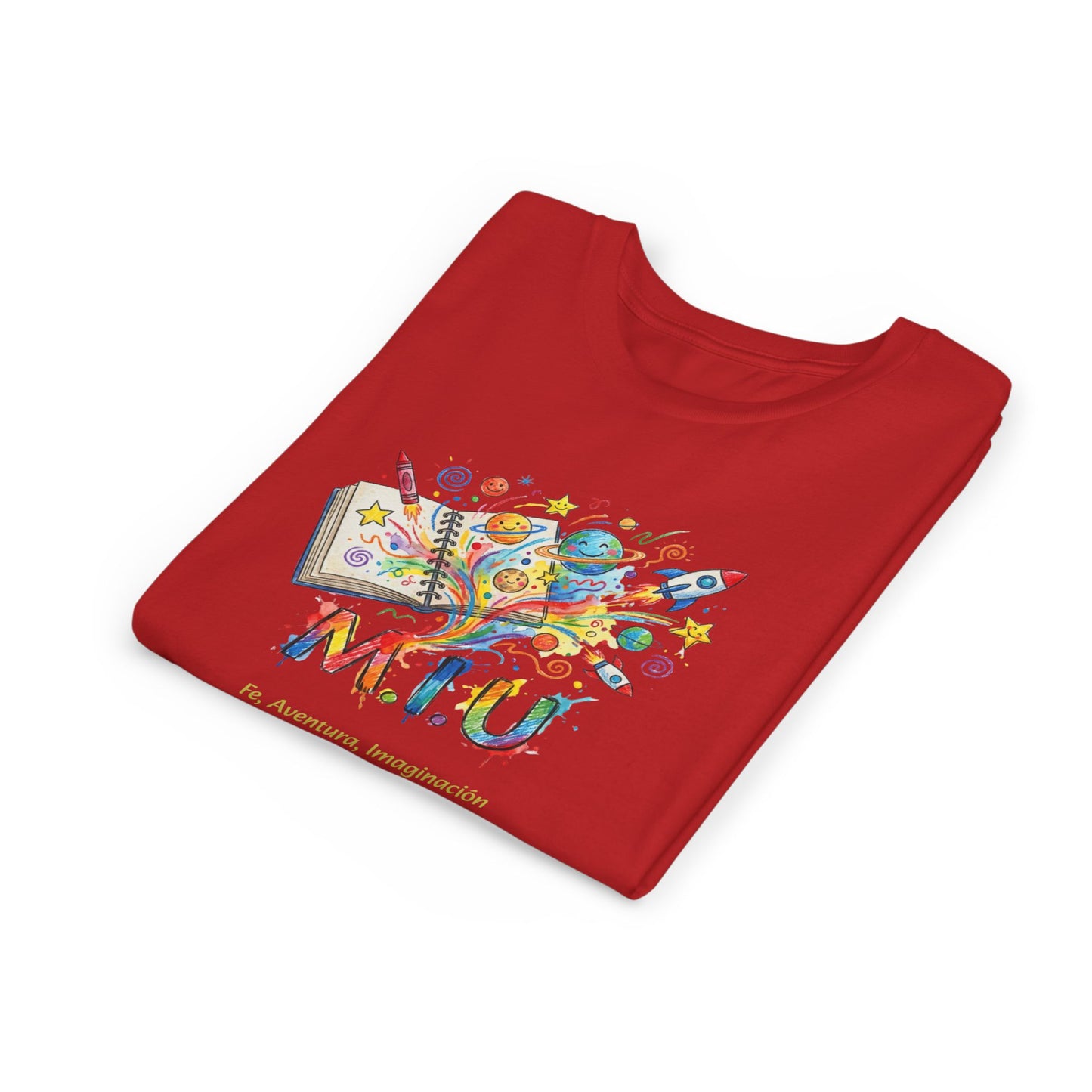 Camiseta Unisex Niños M.I.U — Logo Libro & Universo | Fe, Aventura, Imaginación
