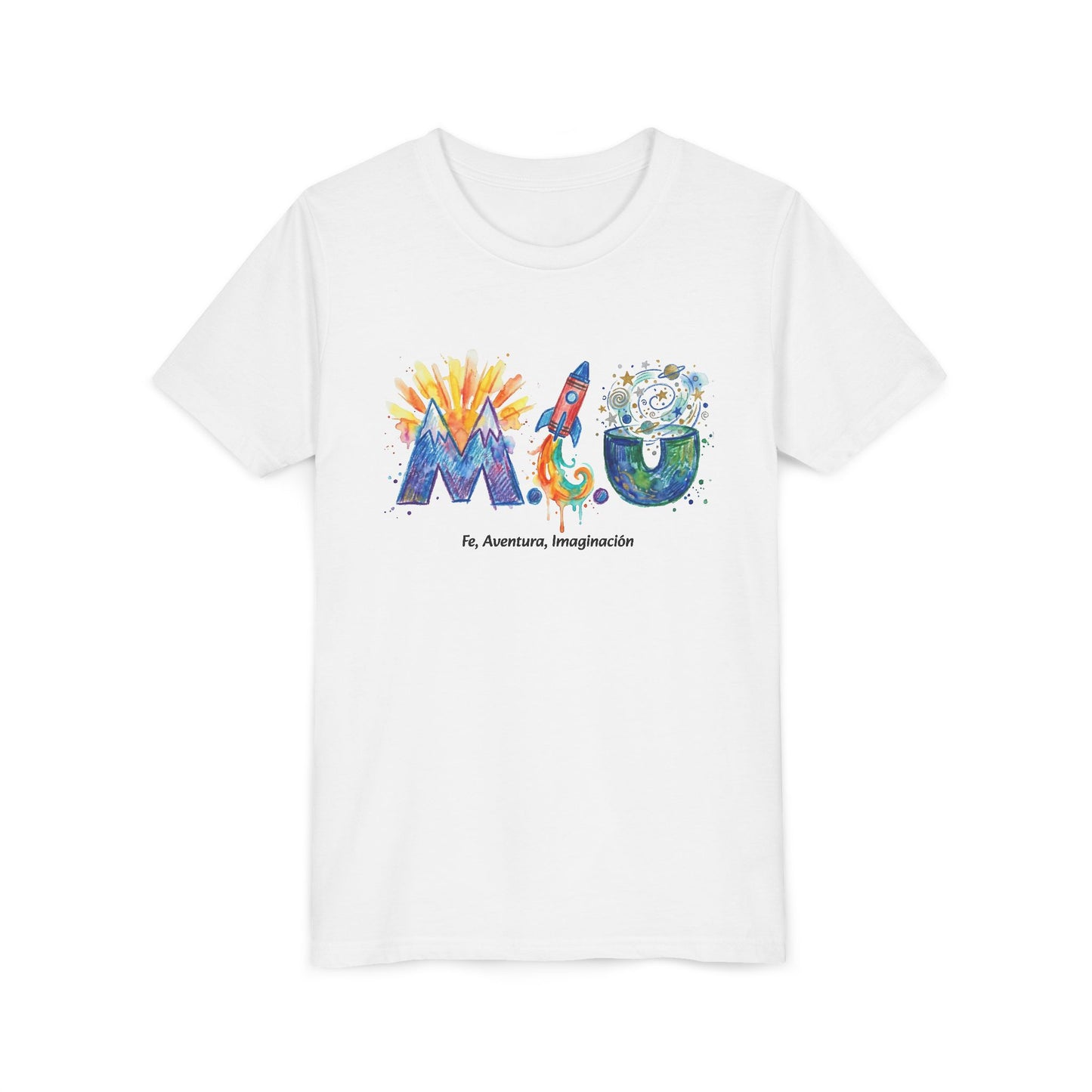 Camiseta Unisex Niños M.I.U — Logo Cohete & Volcán | Fe, Aventura, Imaginación