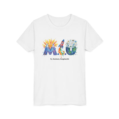 Camiseta Unisex Niños M.I.U — Logo Cohete & Volcán | Fe, Aventura, Imaginación