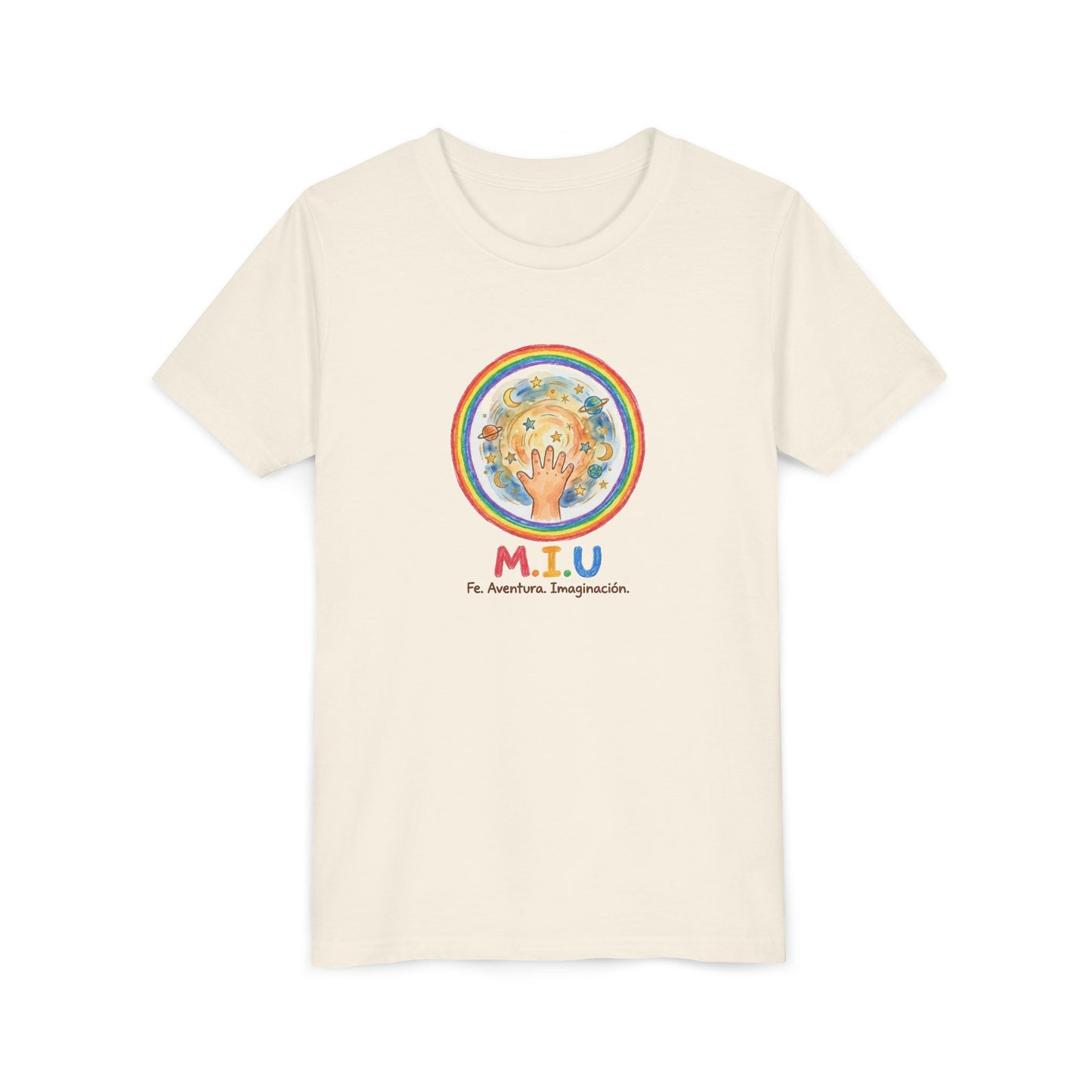 Camiseta Unisex Niños M.I.U — Logo Manito Arcoíris | Fe, Aventura, Imaginación