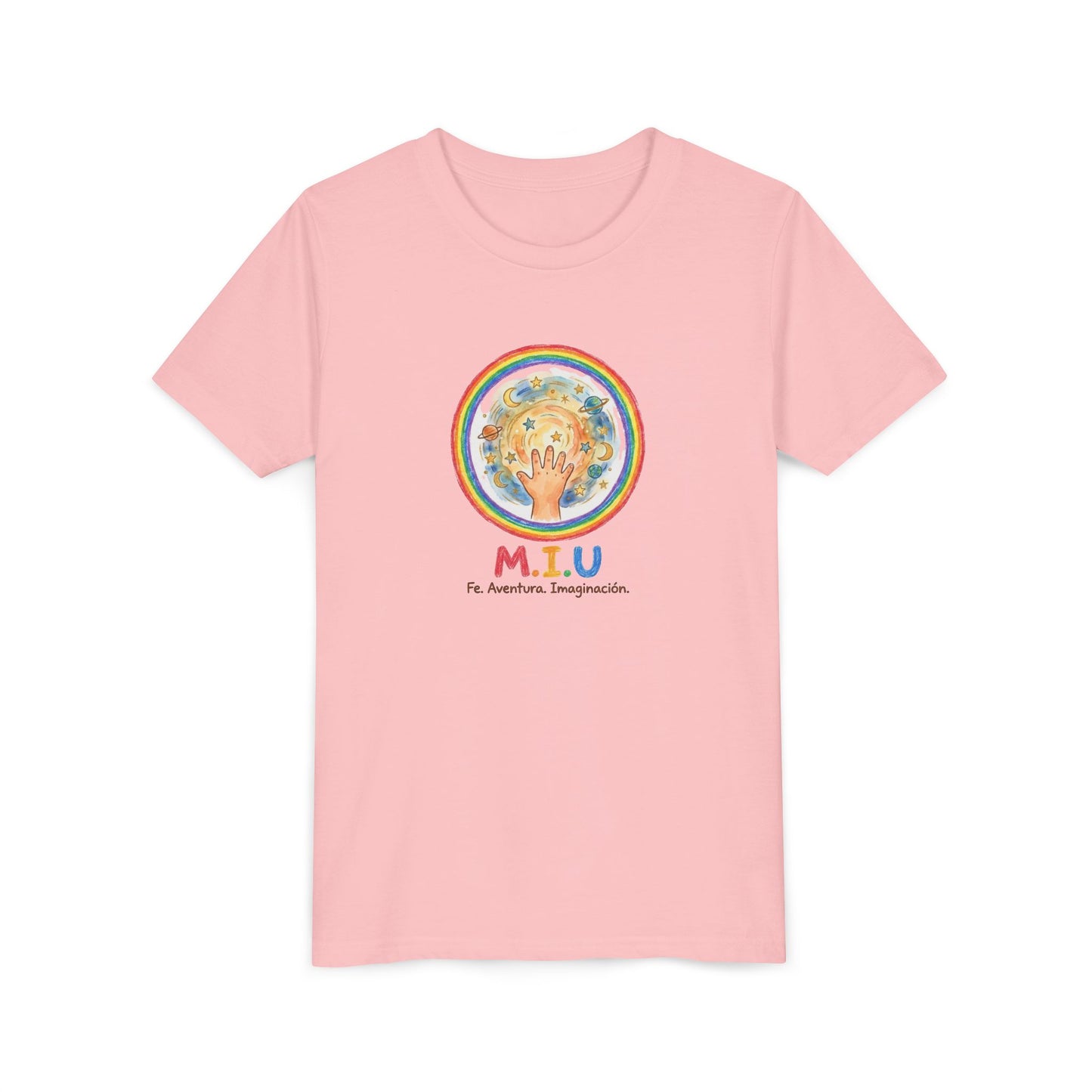 Camiseta Unisex Niños M.I.U — Logo Manito Arcoíris | Fe, Aventura, Imaginación