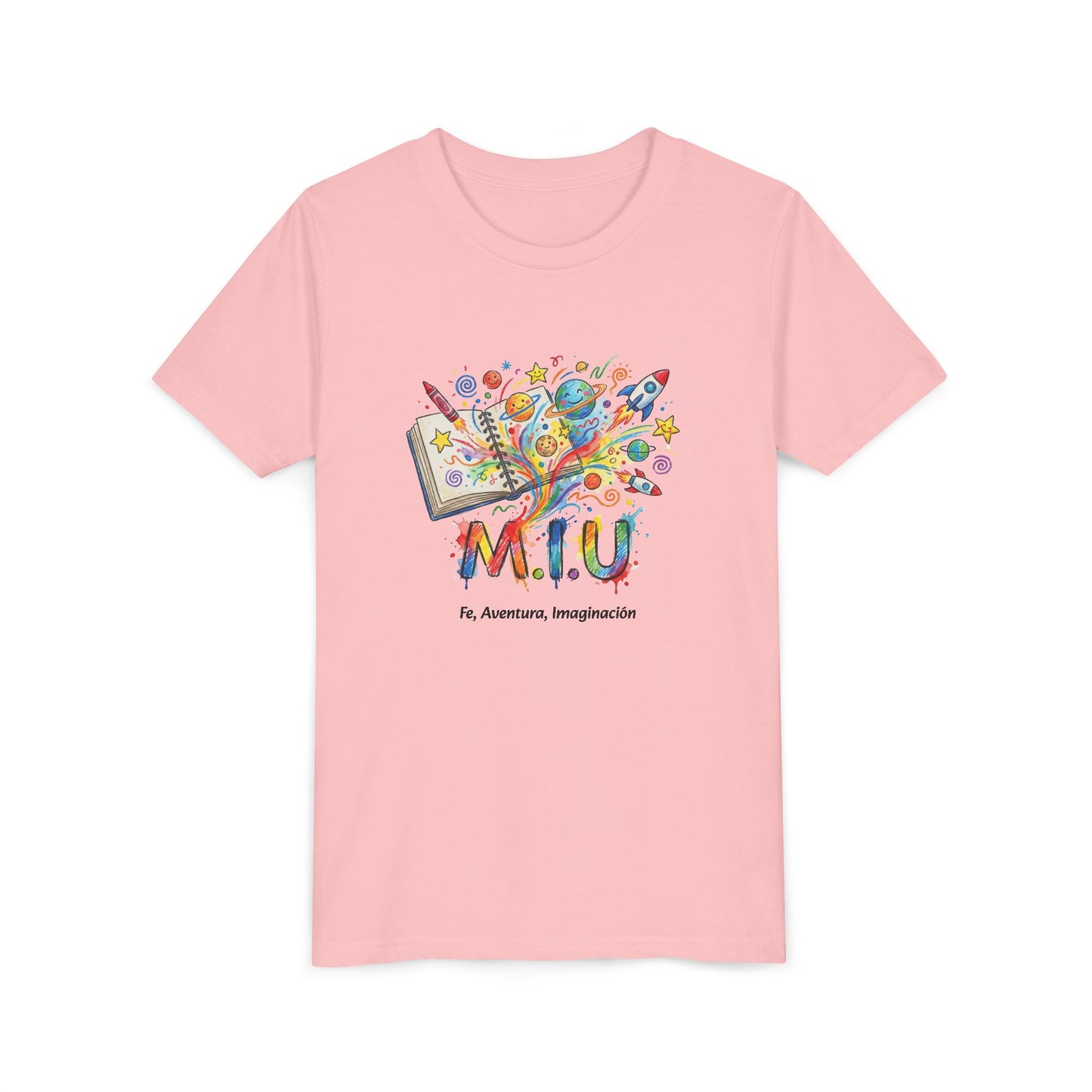 Camiseta Unisex Niños M.I.U — Logo Libro & Universo | Fe, Aventura, Imaginación