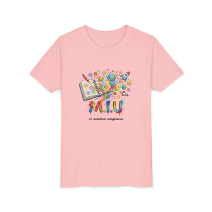 Camiseta Unisex Niños M.I.U — Logo Libro & Universo | Fe, Aventura, Imaginación