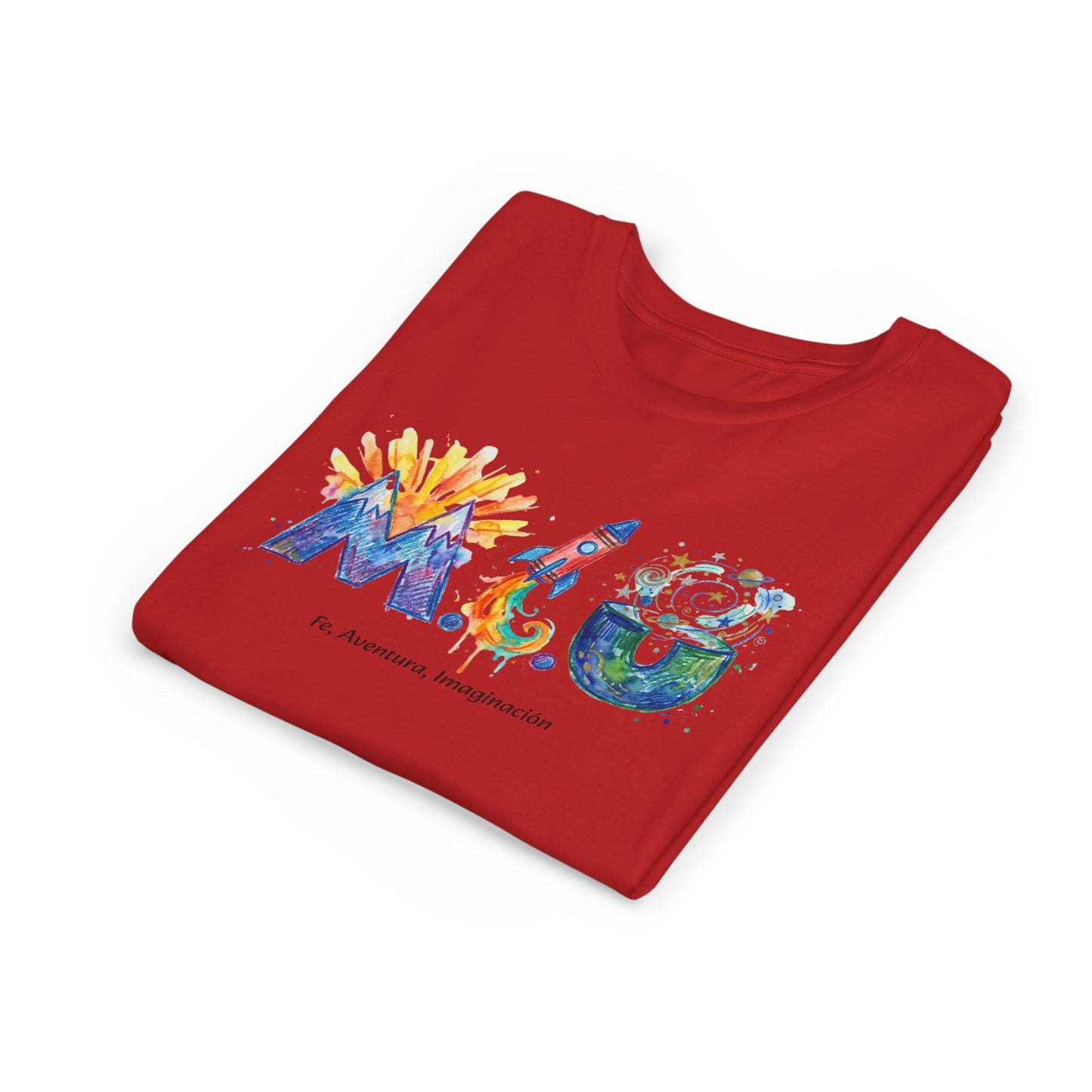 Camiseta Unisex Niños M.I.U — Logo Cohete & Volcán | Fe, Aventura, Imaginación