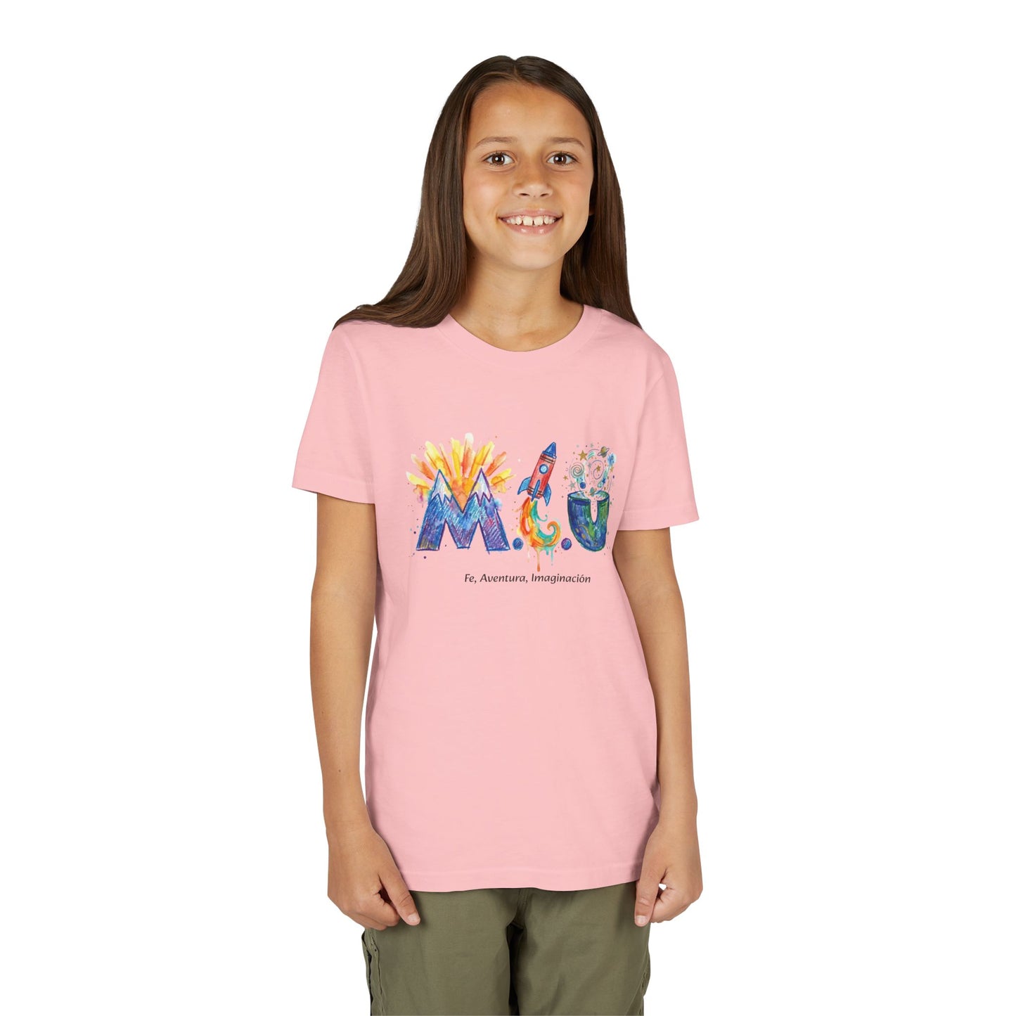Camiseta Unisex Niños M.I.U — Logo Cohete & Volcán | Fe, Aventura, Imaginación