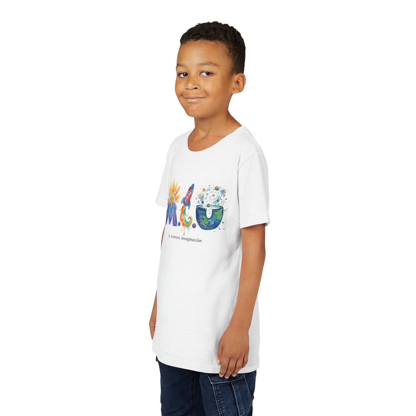 Camiseta Unisex Niños M.I.U — Logo Cohete & Volcán | Fe, Aventura, Imaginación