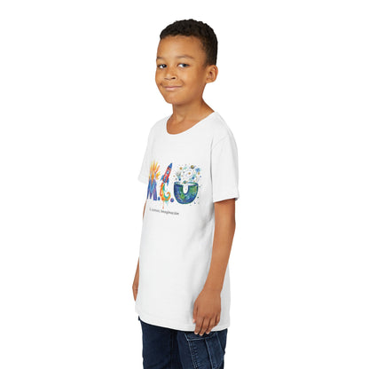 Camiseta Unisex Niños M.I.U — Logo Cohete & Volcán | Fe, Aventura, Imaginación