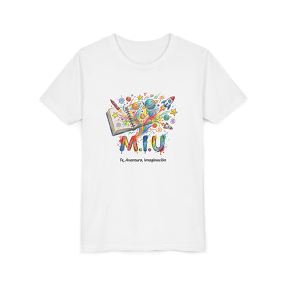 Camiseta Unisex Niños M.I.U — Logo Libro & Universo | Fe, Aventura, Imaginación