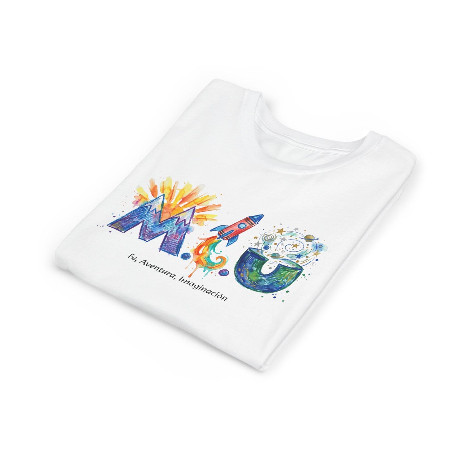 Camiseta Unisex Niños M.I.U — Logo Cohete & Volcán | Fe, Aventura, Imaginación