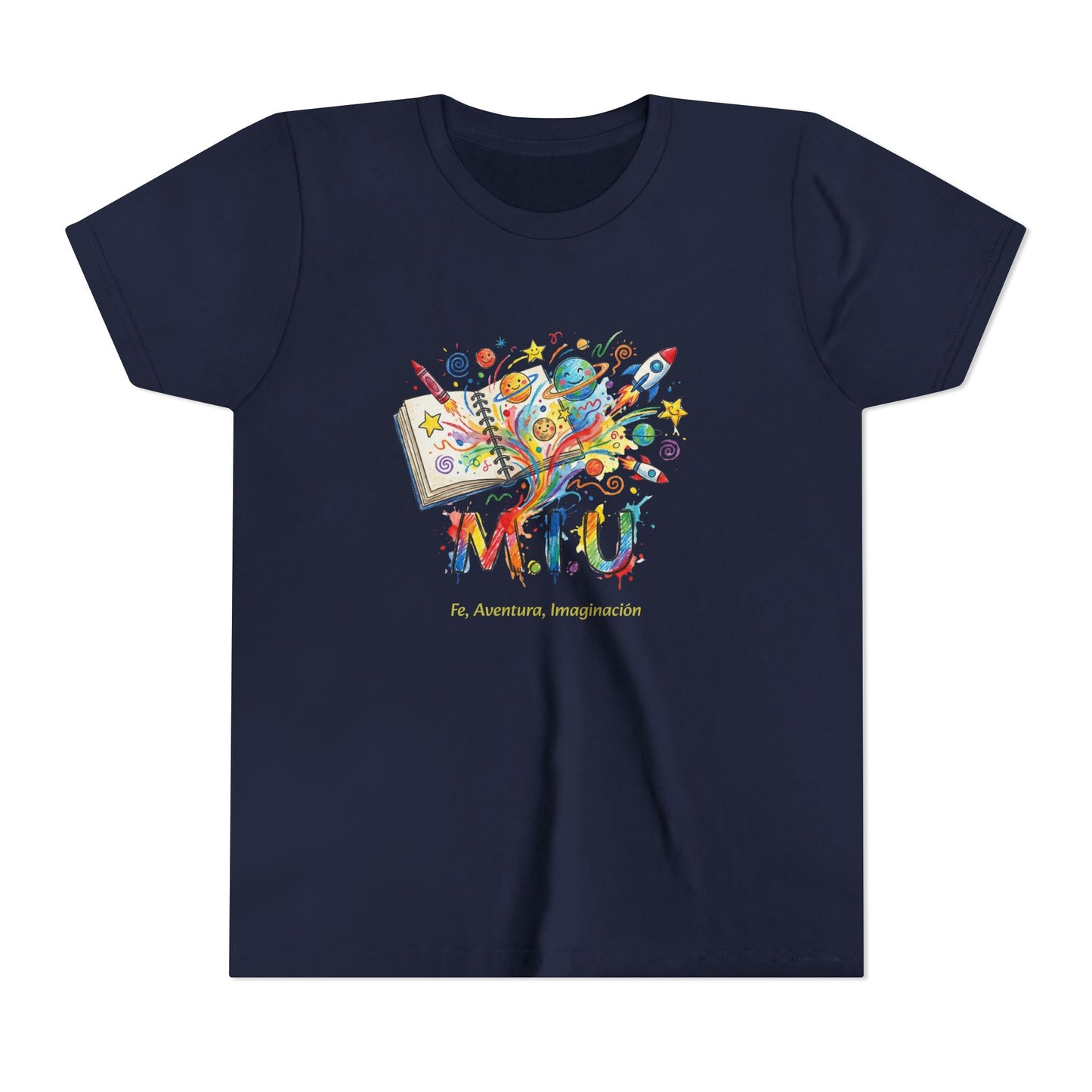Camiseta Unisex Niños M.I.U — Logo Libro & Universo | Fe, Aventura, Imaginación