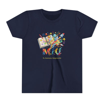 Camiseta Unisex Niños M.I.U — Logo Libro & Universo | Fe, Aventura, Imaginación