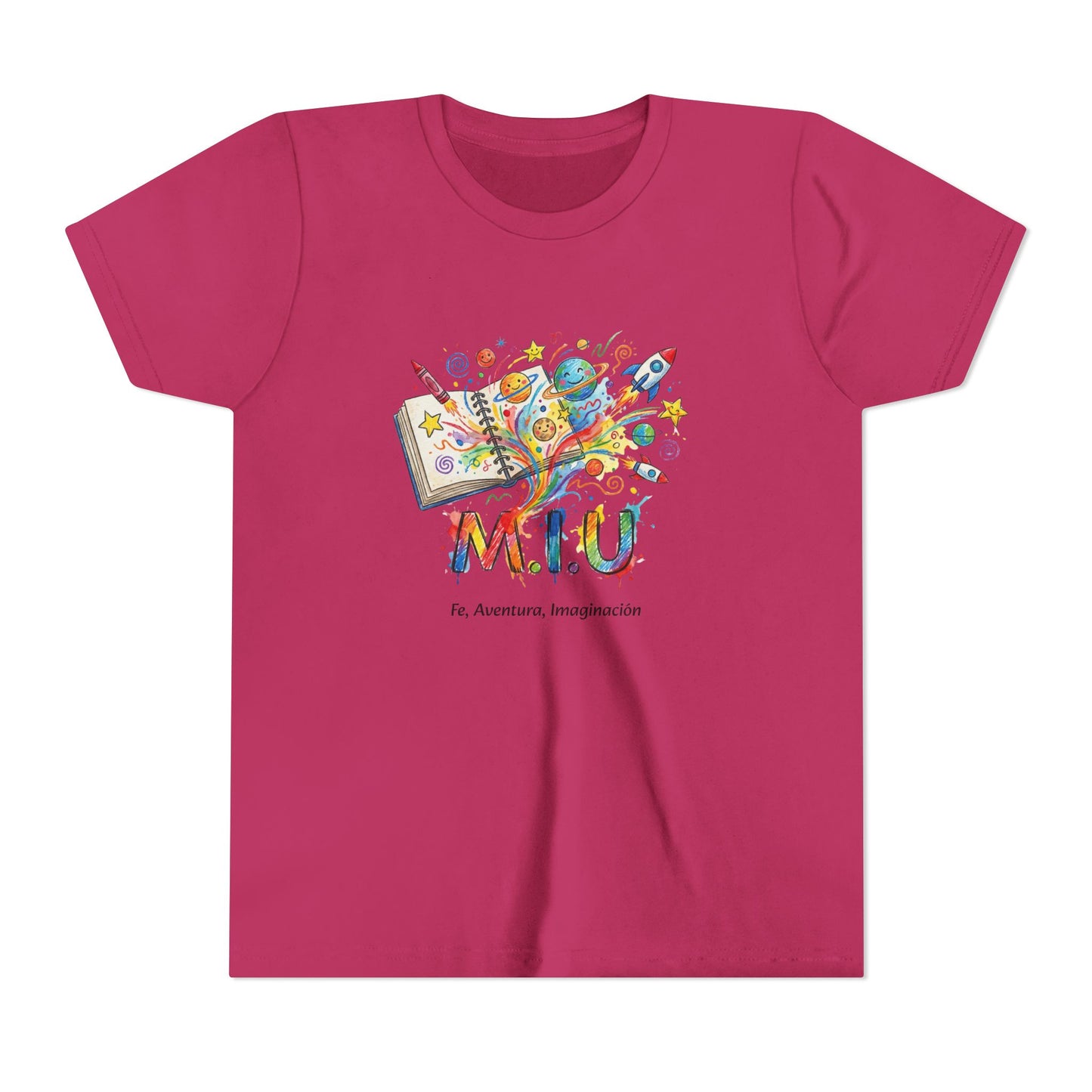 Camiseta Unisex Niños M.I.U — Logo Libro & Universo | Fe, Aventura, Imaginación