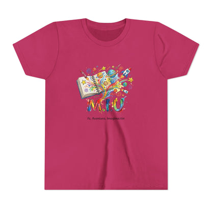 Camiseta Unisex Niños M.I.U — Logo Libro & Universo | Fe, Aventura, Imaginación