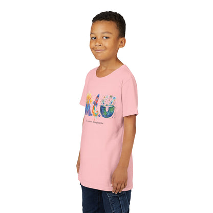 Camiseta Unisex Niños M.I.U — Logo Cohete & Volcán | Fe, Aventura, Imaginación