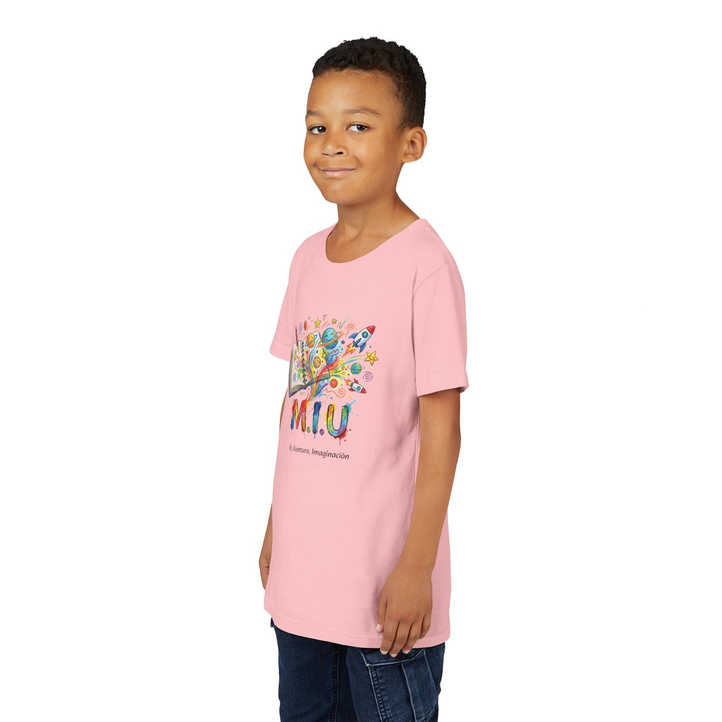 Camiseta Unisex Niños M.I.U — Logo Libro & Universo | Fe, Aventura, Imaginación