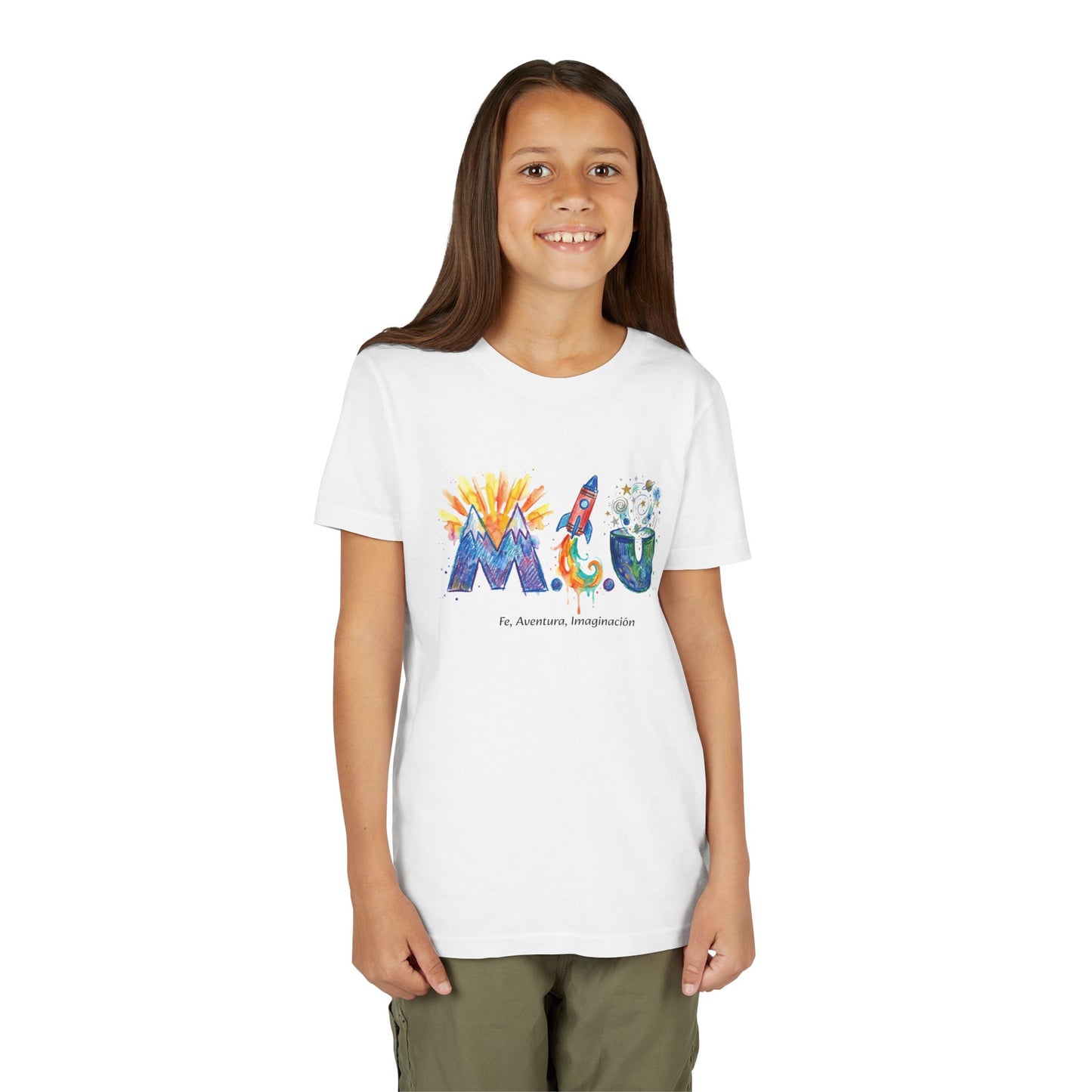 Camiseta Unisex Niños M.I.U — Logo Cohete & Volcán | Fe, Aventura, Imaginación