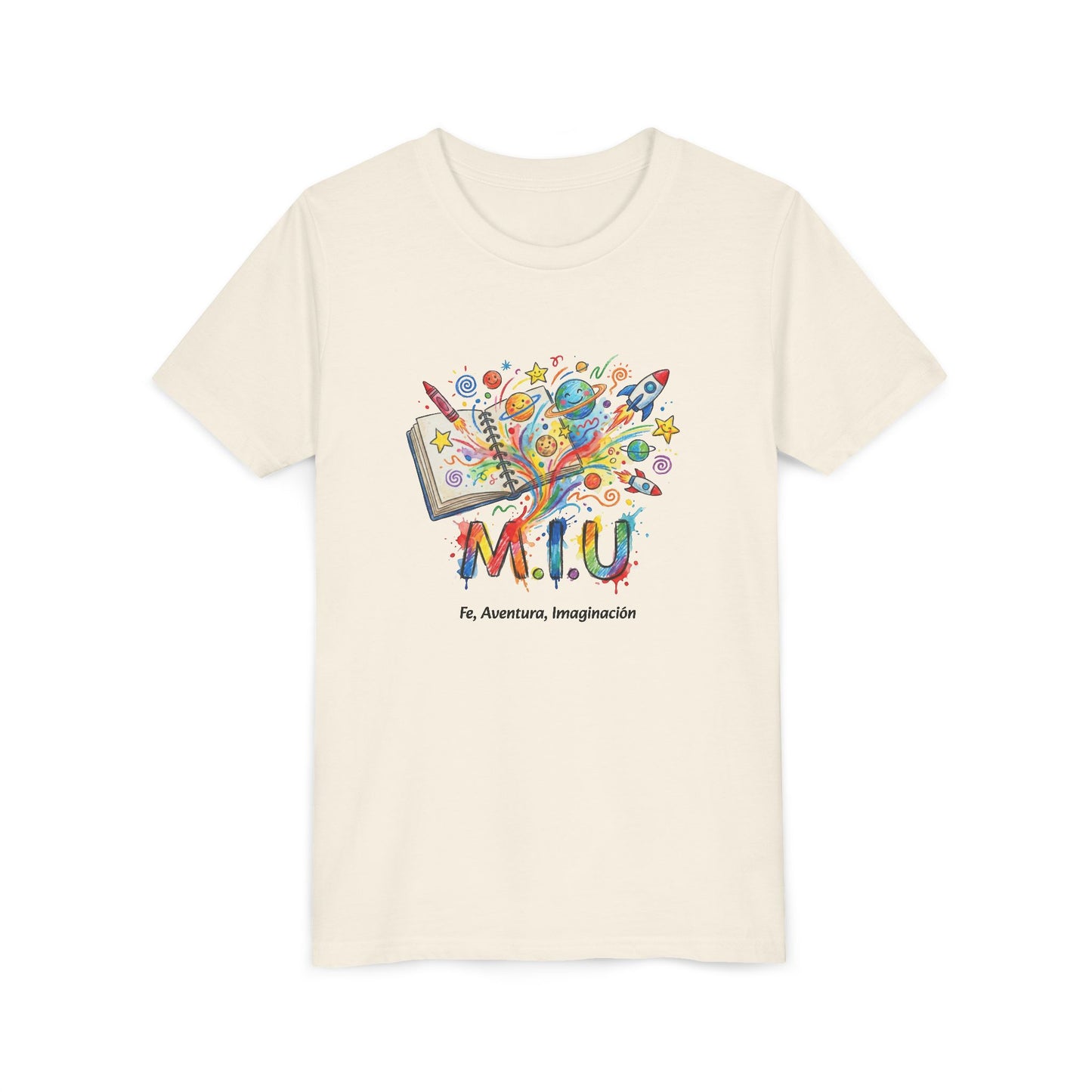 Camiseta Unisex Niños M.I.U — Logo Libro & Universo | Fe, Aventura, Imaginación
