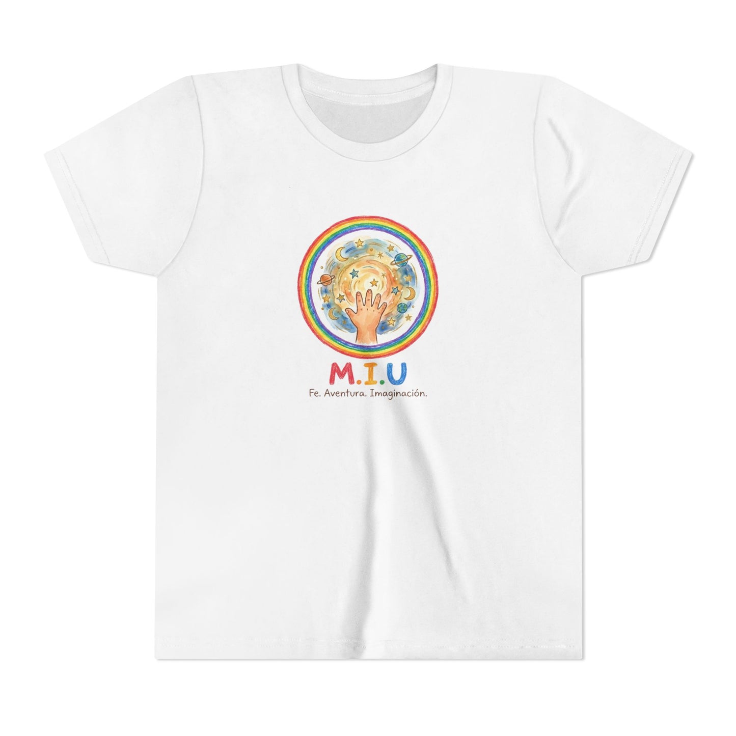 Camiseta Unisex Niños M.I.U — Logo Manito Arcoíris | Fe, Aventura, Imaginación