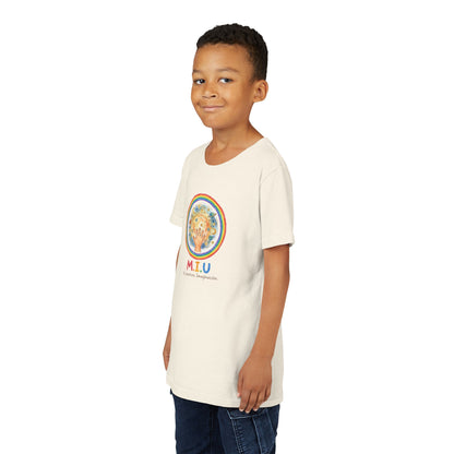 Camiseta Unisex Niños M.I.U — Logo Manito Arcoíris | Fe, Aventura, Imaginación