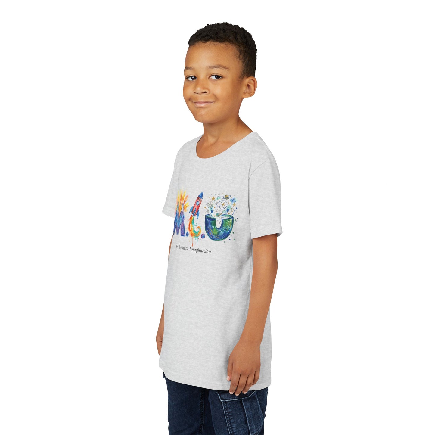Camiseta Unisex Niños M.I.U — Logo Cohete & Volcán | Fe, Aventura, Imaginación