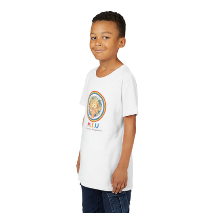 Camiseta Unisex Niños M.I.U — Logo Manito Arcoíris | Fe, Aventura, Imaginación