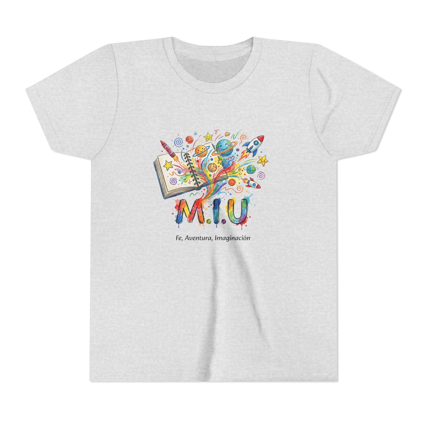 Camiseta Unisex Niños M.I.U — Logo Libro & Universo | Fe, Aventura, Imaginación
