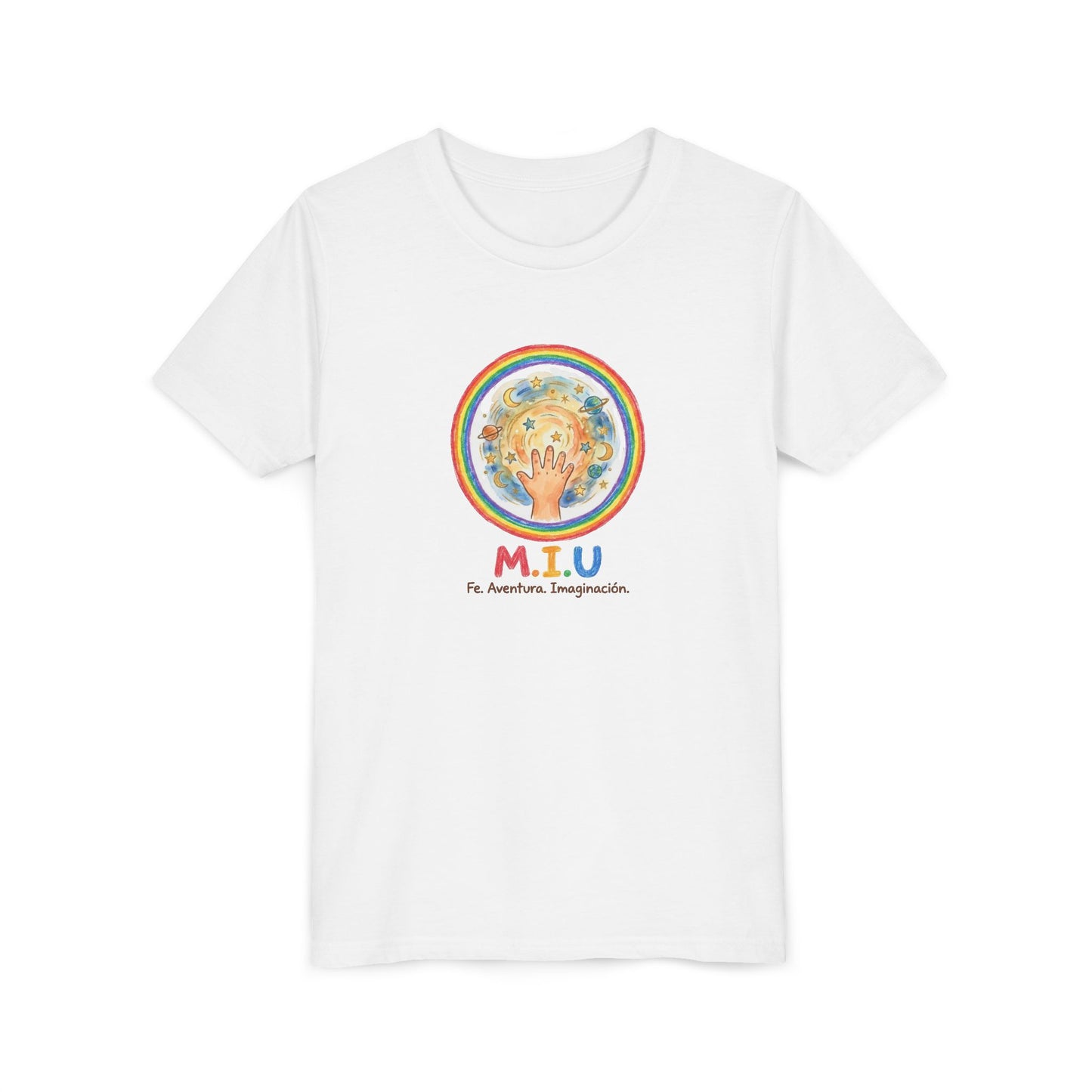 Camiseta Unisex Niños M.I.U — Logo Manito Arcoíris | Fe, Aventura, Imaginación