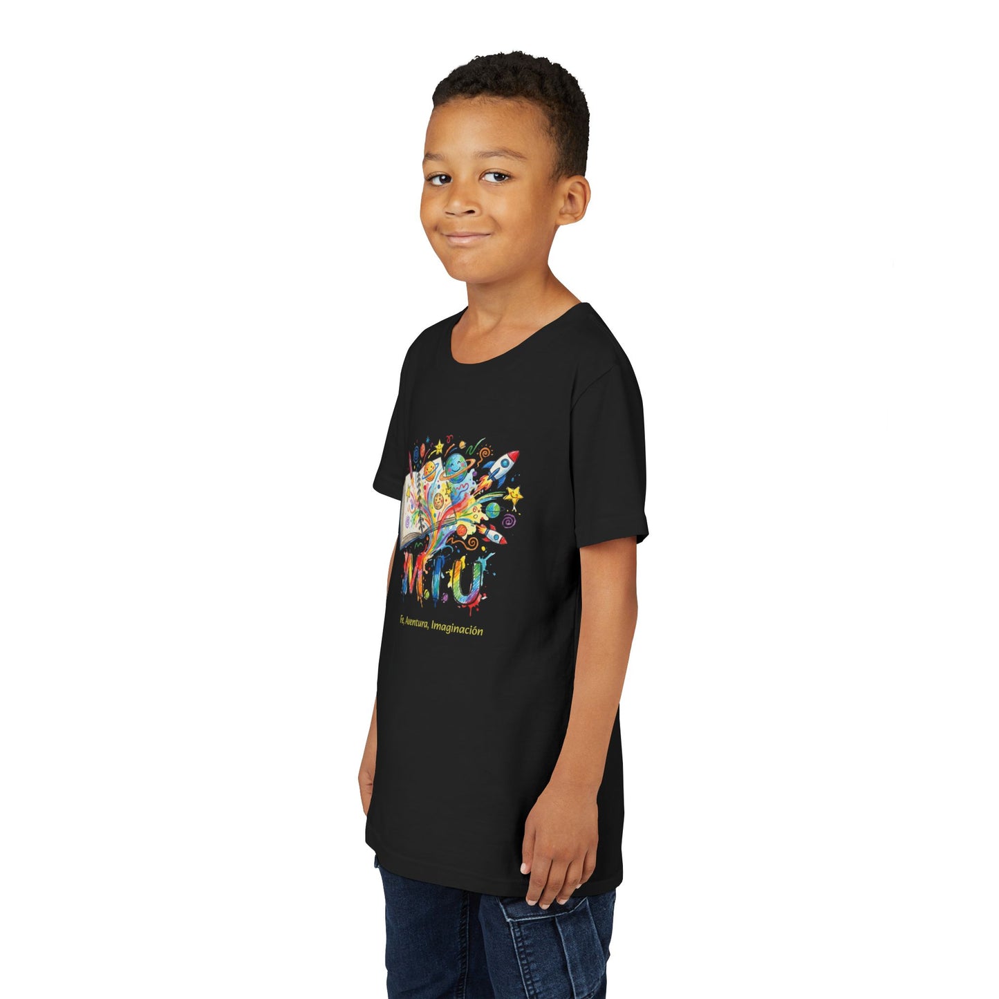 Camiseta Unisex Niños M.I.U — Logo Libro & Universo | Fe, Aventura, Imaginación