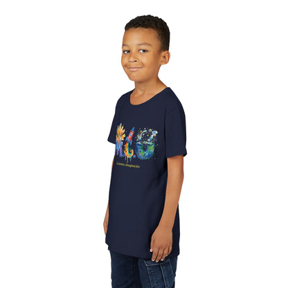 Camiseta Unisex Niños M.I.U — Logo Cohete & Volcán | Fe, Aventura, Imaginación