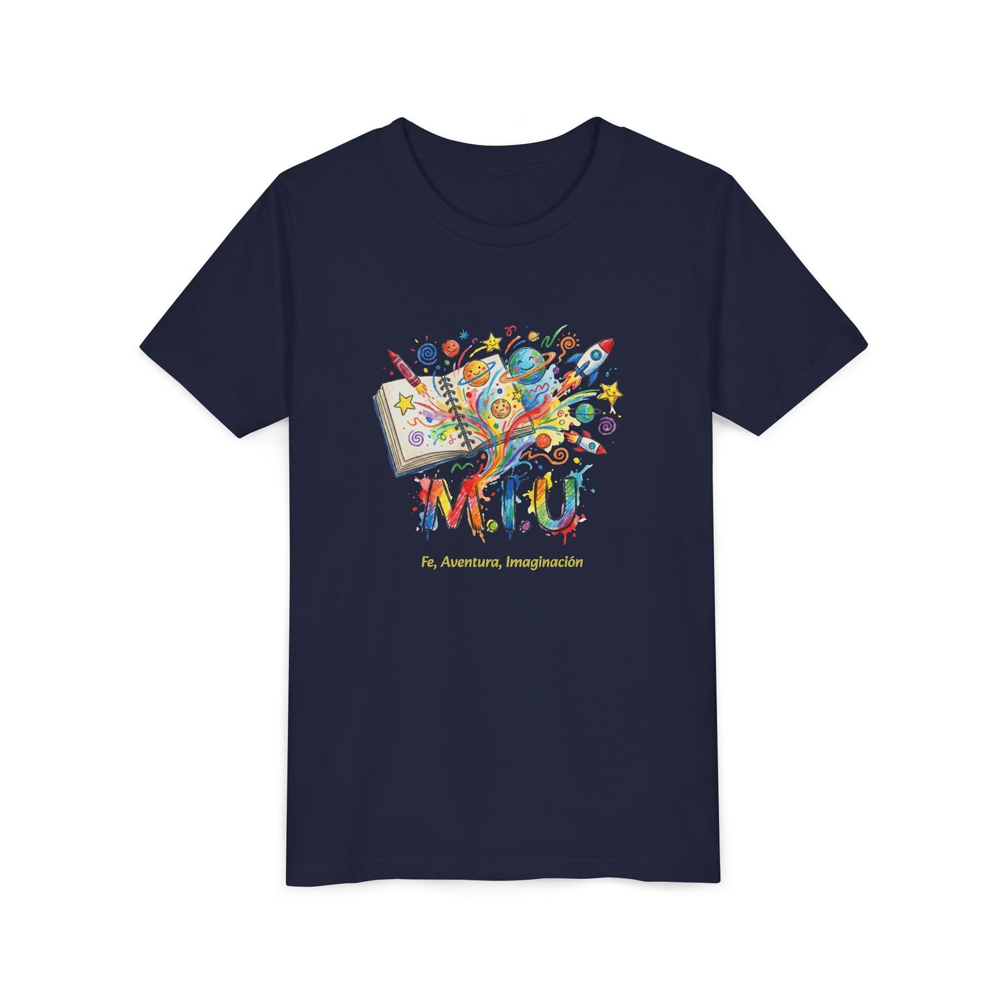 Camiseta Unisex Niños M.I.U — Logo Libro & Universo | Fe, Aventura, Imaginación