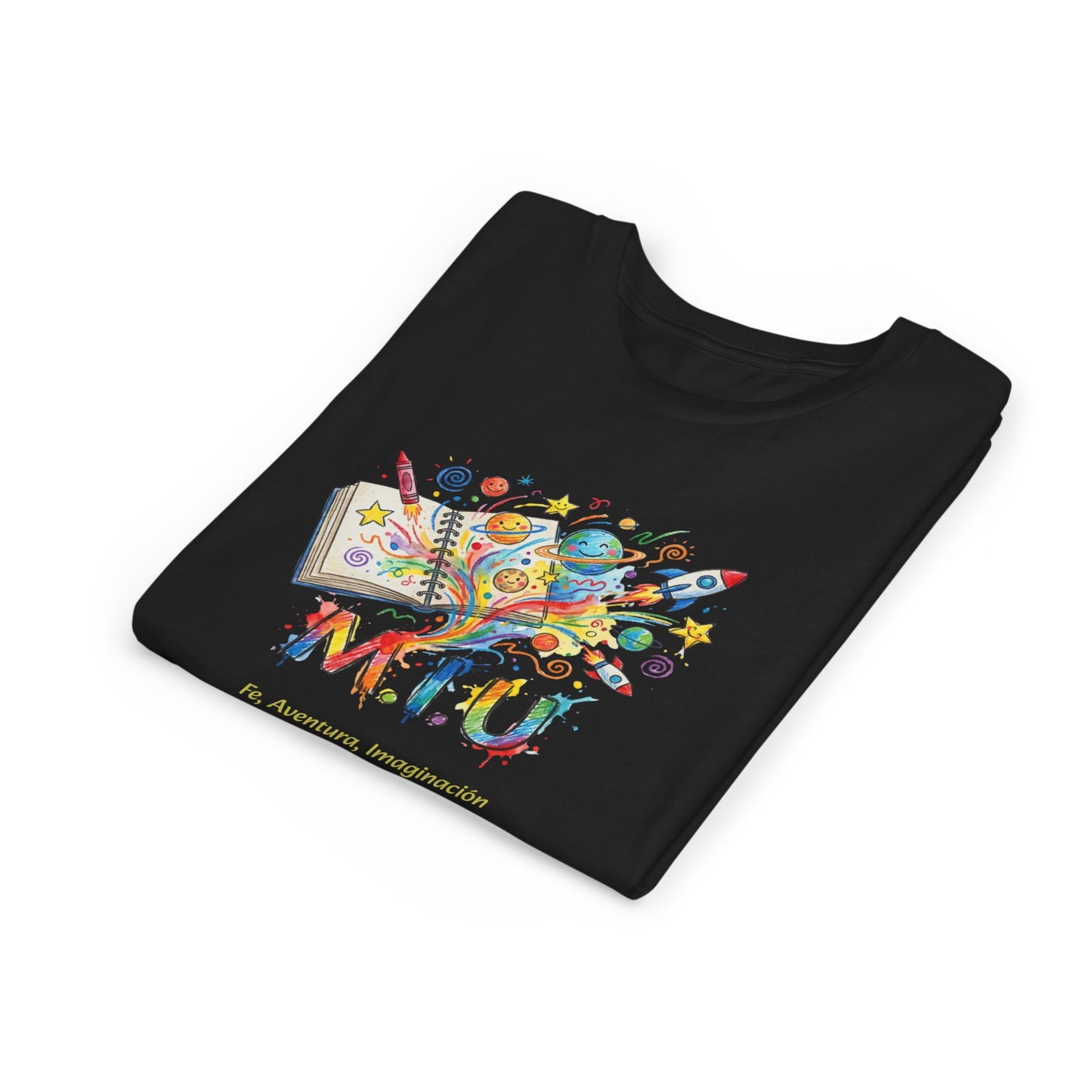 Camiseta Unisex Niños M.I.U — Logo Libro & Universo | Fe, Aventura, Imaginación