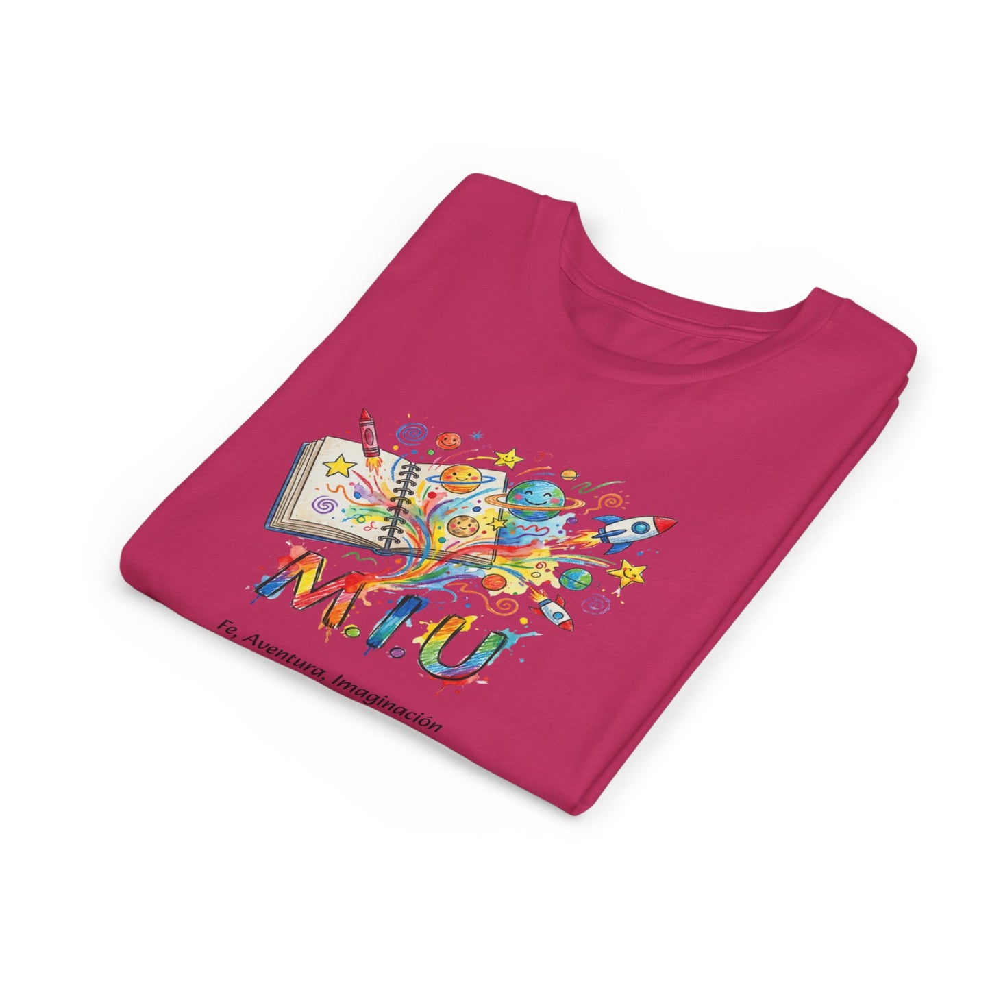 Camiseta Unisex Niños M.I.U — Logo Libro & Universo | Fe, Aventura, Imaginación