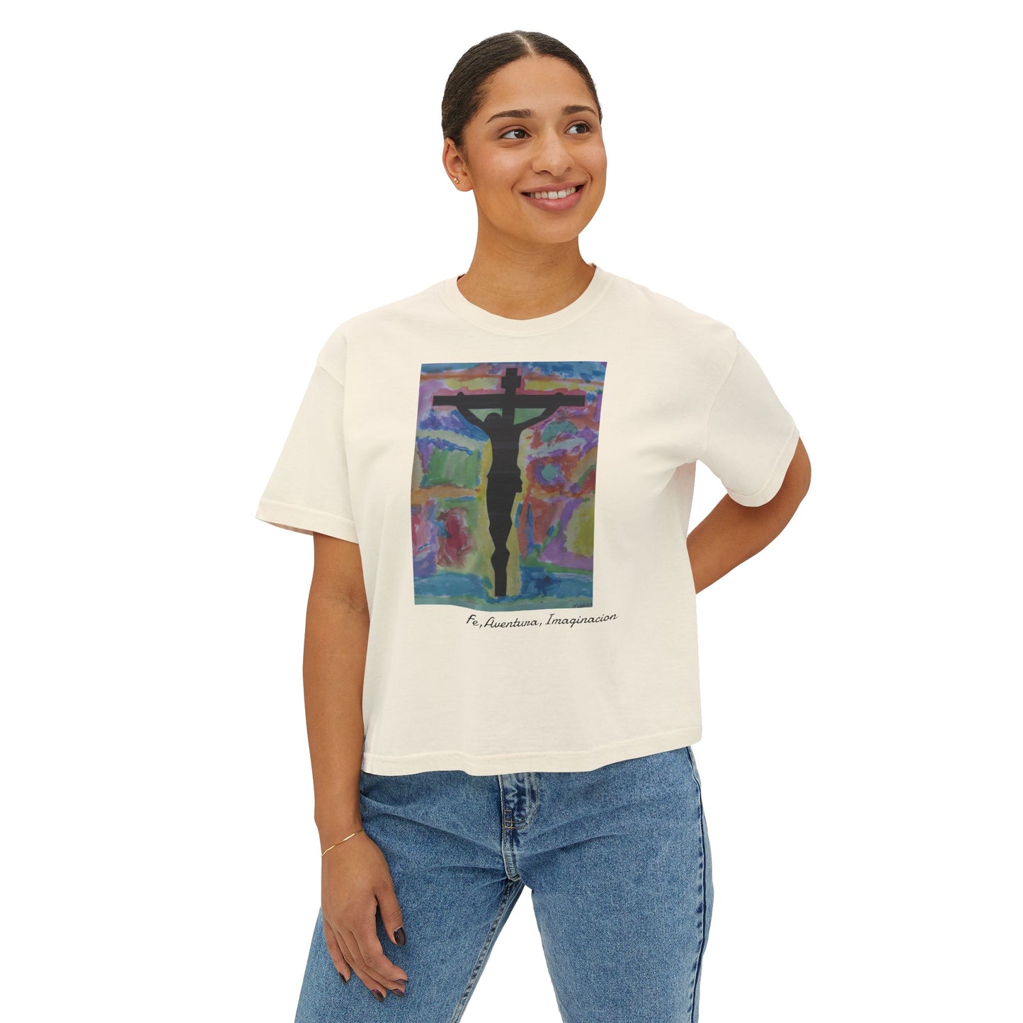 M.I.U Women’s Boxy Tee — Watercolor Faith Art by Matías