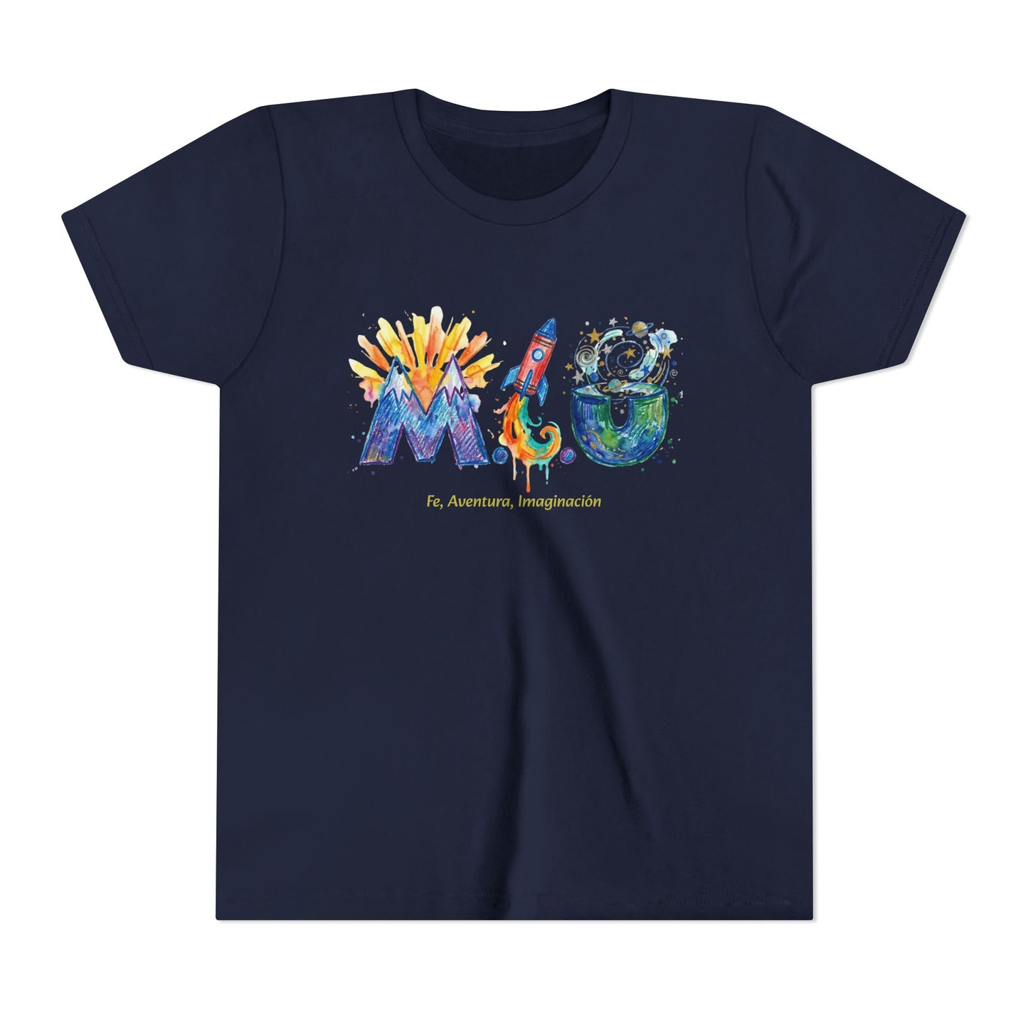 Camiseta Unisex Niños M.I.U — Logo Cohete & Volcán | Fe, Aventura, Imaginación