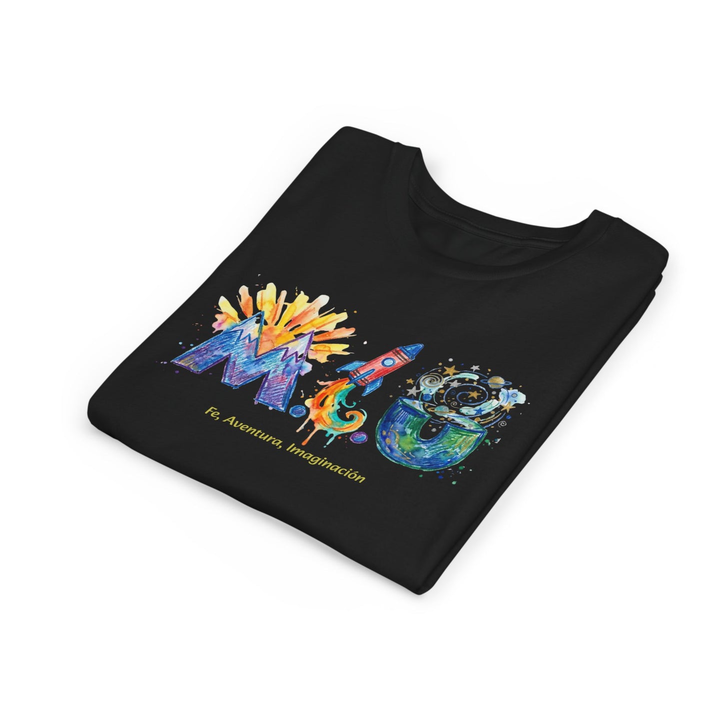 Camiseta Unisex Niños M.I.U — Logo Cohete & Volcán | Fe, Aventura, Imaginación