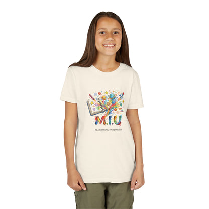 Camiseta Unisex Niños M.I.U — Logo Libro & Universo | Fe, Aventura, Imaginación