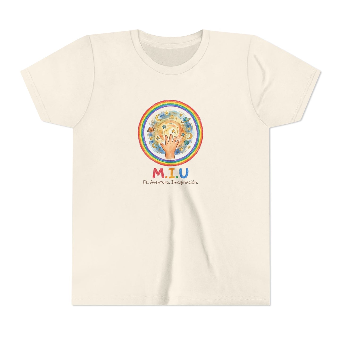 Camiseta Unisex Niños M.I.U — Logo Manito Arcoíris | Fe, Aventura, Imaginación