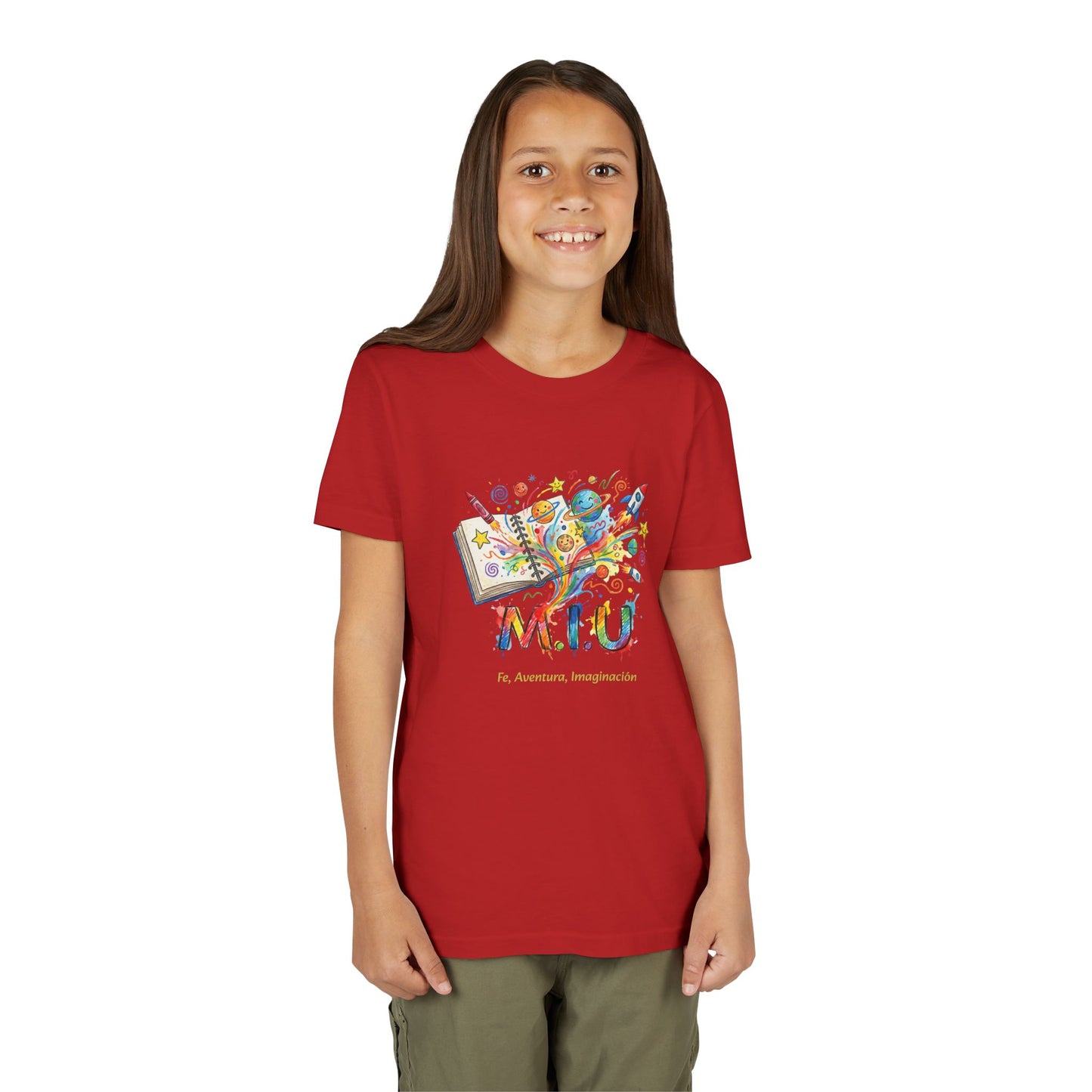 Camiseta Unisex Niños M.I.U — Logo Libro & Universo | Fe, Aventura, Imaginación