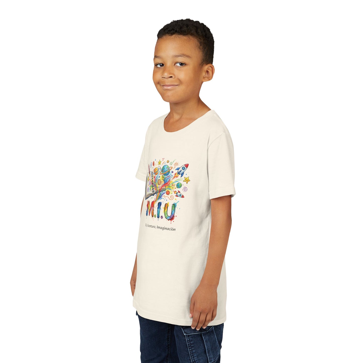 Camiseta Unisex Niños M.I.U — Logo Libro & Universo | Fe, Aventura, Imaginación