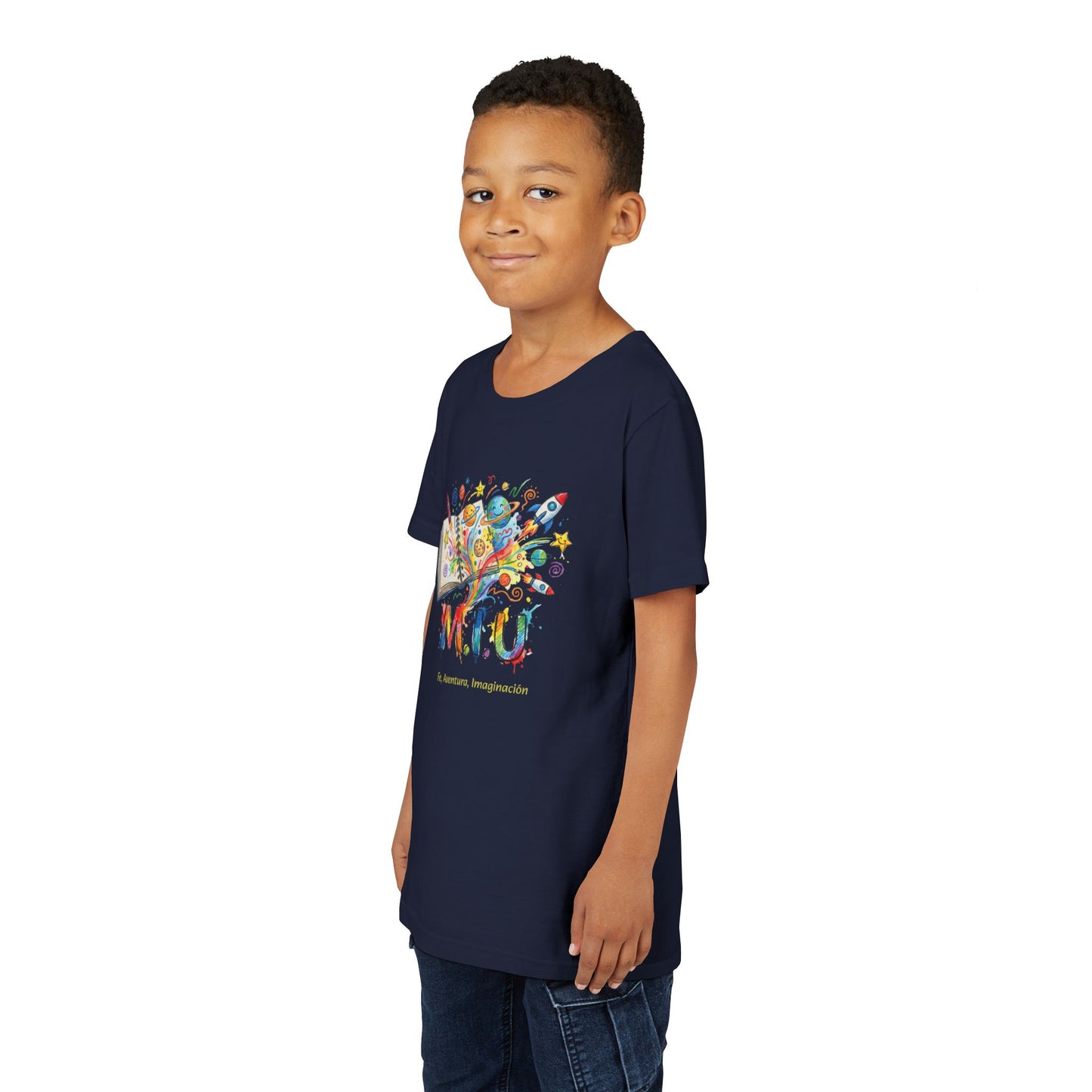 Camiseta Unisex Niños M.I.U — Logo Libro & Universo | Fe, Aventura, Imaginación