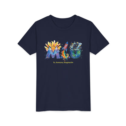 Camiseta Unisex Niños M.I.U — Logo Cohete & Volcán | Fe, Aventura, Imaginación