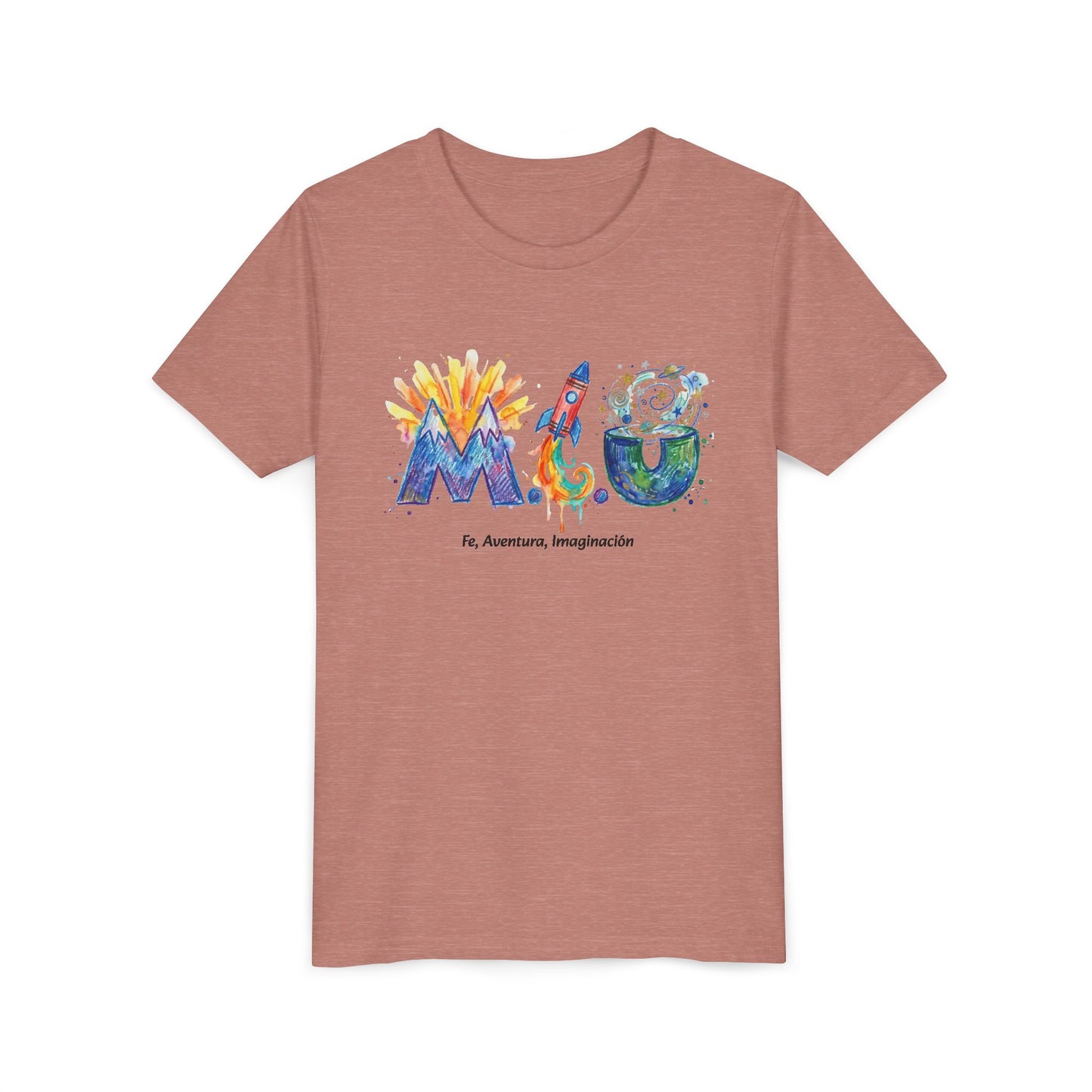 Camiseta Unisex Niños M.I.U — Logo Cohete & Volcán | Fe, Aventura, Imaginación