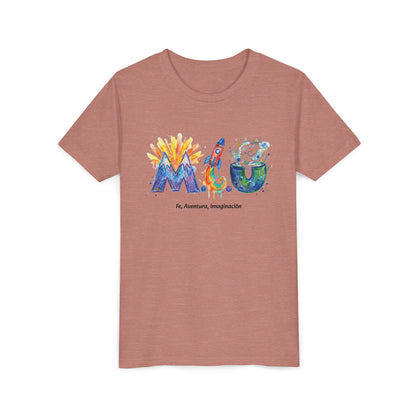 Camiseta Unisex Niños M.I.U — Logo Cohete & Volcán | Fe, Aventura, Imaginación