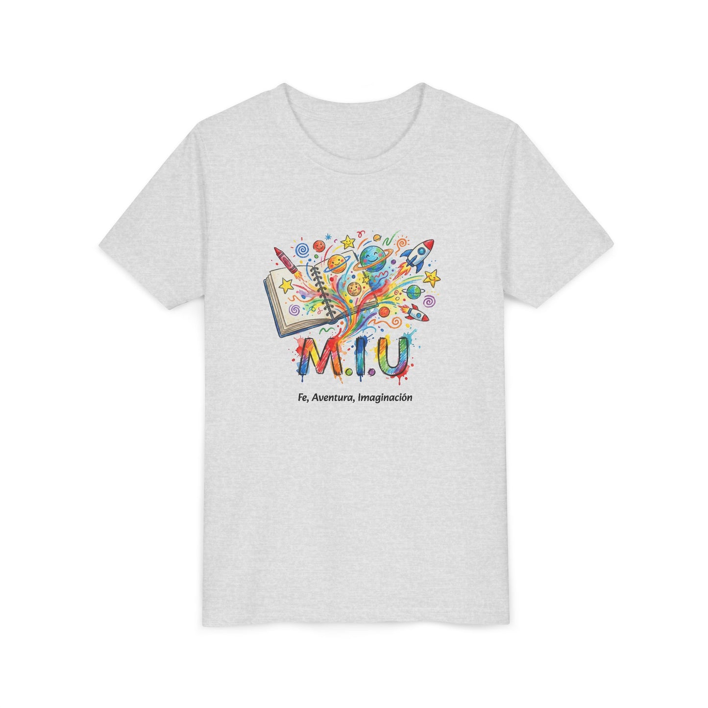 Camiseta Unisex Niños M.I.U — Logo Libro & Universo | Fe, Aventura, Imaginación