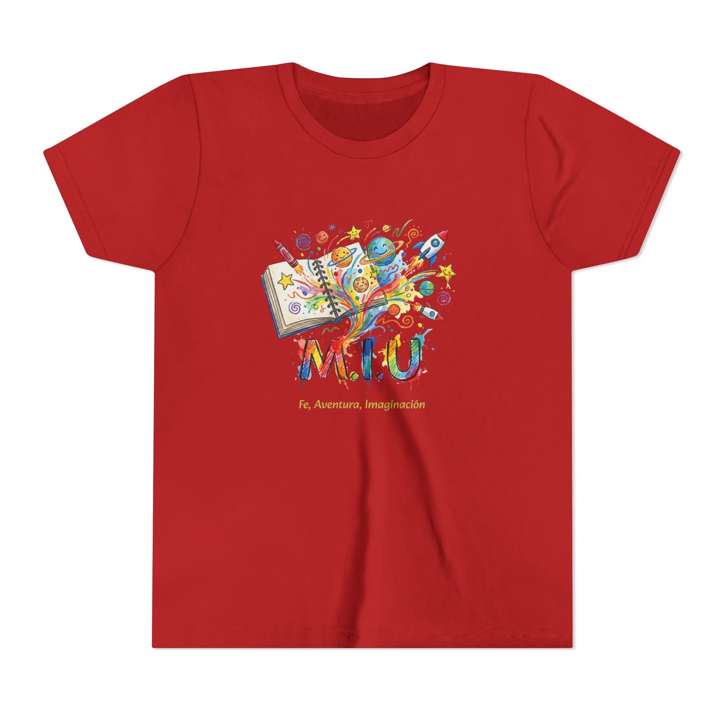 Camiseta Unisex Niños M.I.U — Logo Libro & Universo | Fe, Aventura, Imaginación
