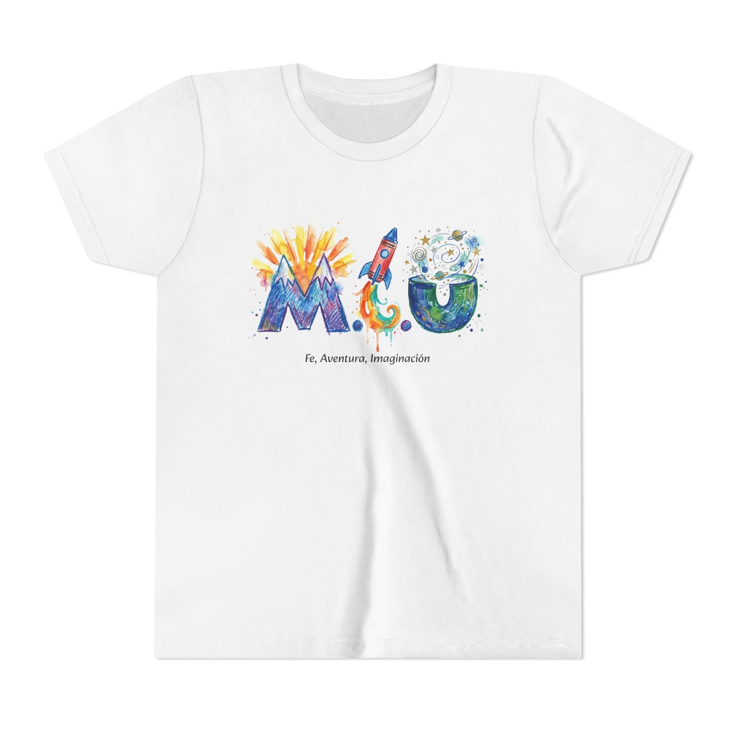 Camiseta Unisex Niños M.I.U — Logo Cohete & Volcán | Fe, Aventura, Imaginación