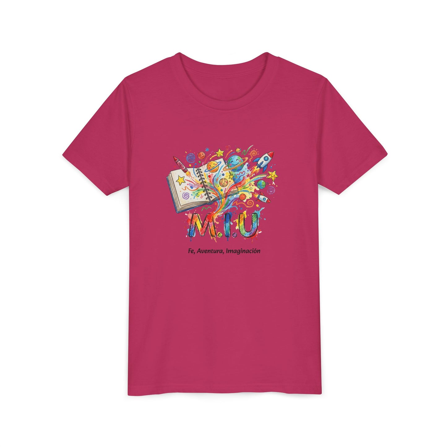 Camiseta Unisex Niños M.I.U — Logo Libro & Universo | Fe, Aventura, Imaginación