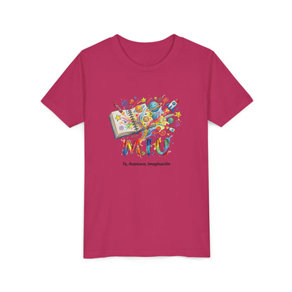 Camiseta Unisex Niños M.I.U — Logo Libro & Universo | Fe, Aventura, Imaginación