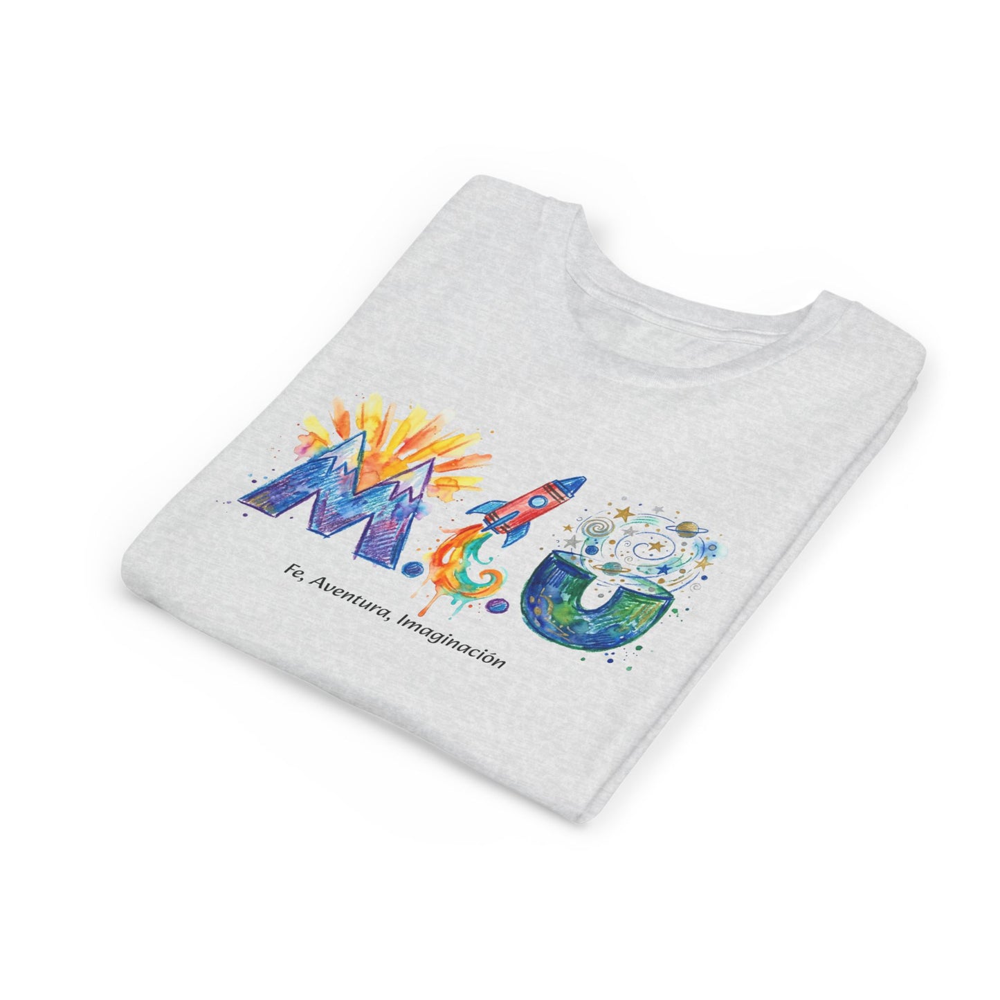Camiseta Unisex Niños M.I.U — Logo Cohete & Volcán | Fe, Aventura, Imaginación