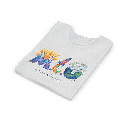 Camiseta Unisex Niños M.I.U — Logo Cohete & Volcán | Fe, Aventura, Imaginación